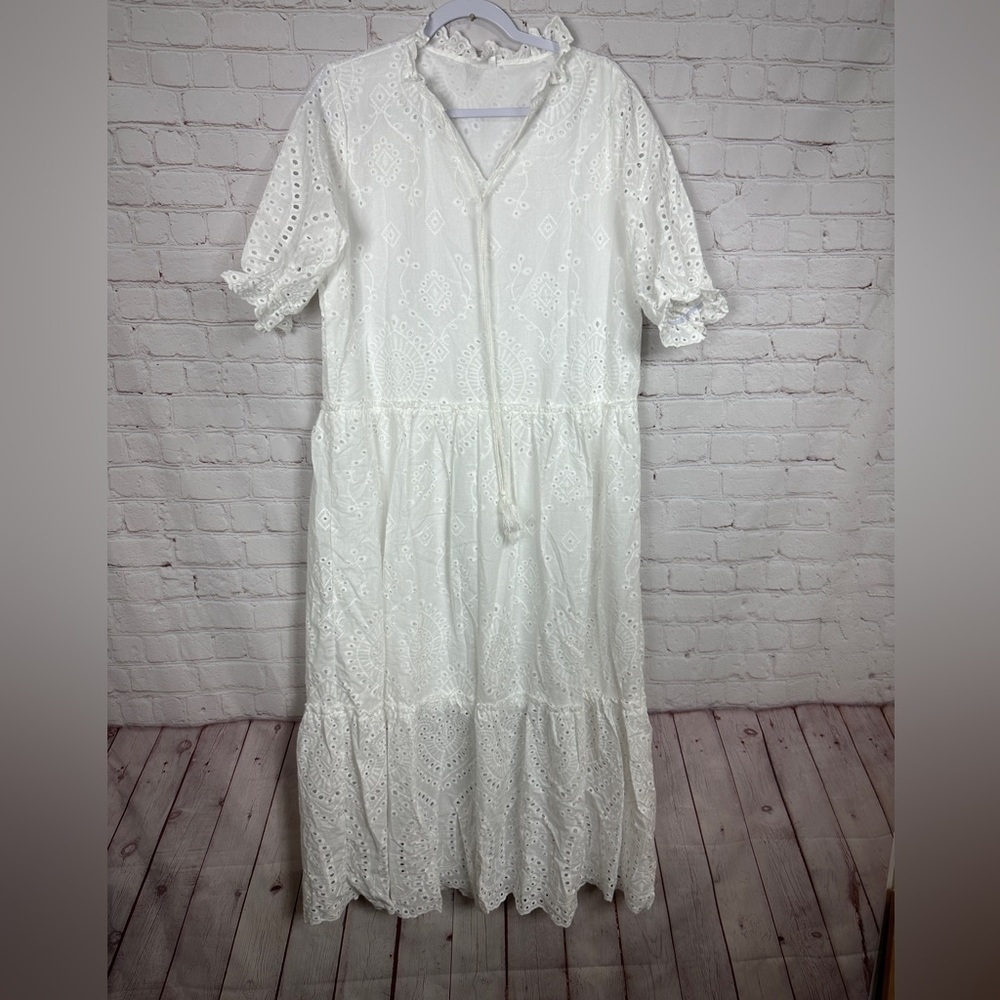 Unbranded White Eyelet Tiered Ruffle cottage core prairie maxi dress, sz S, EUC